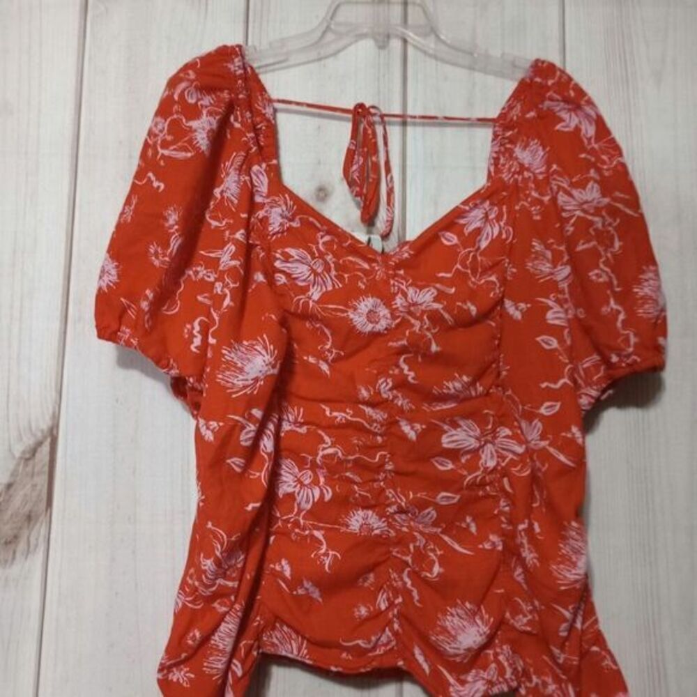 Ava & Viv‎ Womens 2X Orange Floral Ruched Smocked Puff Sleeve Cotton Blouse Top